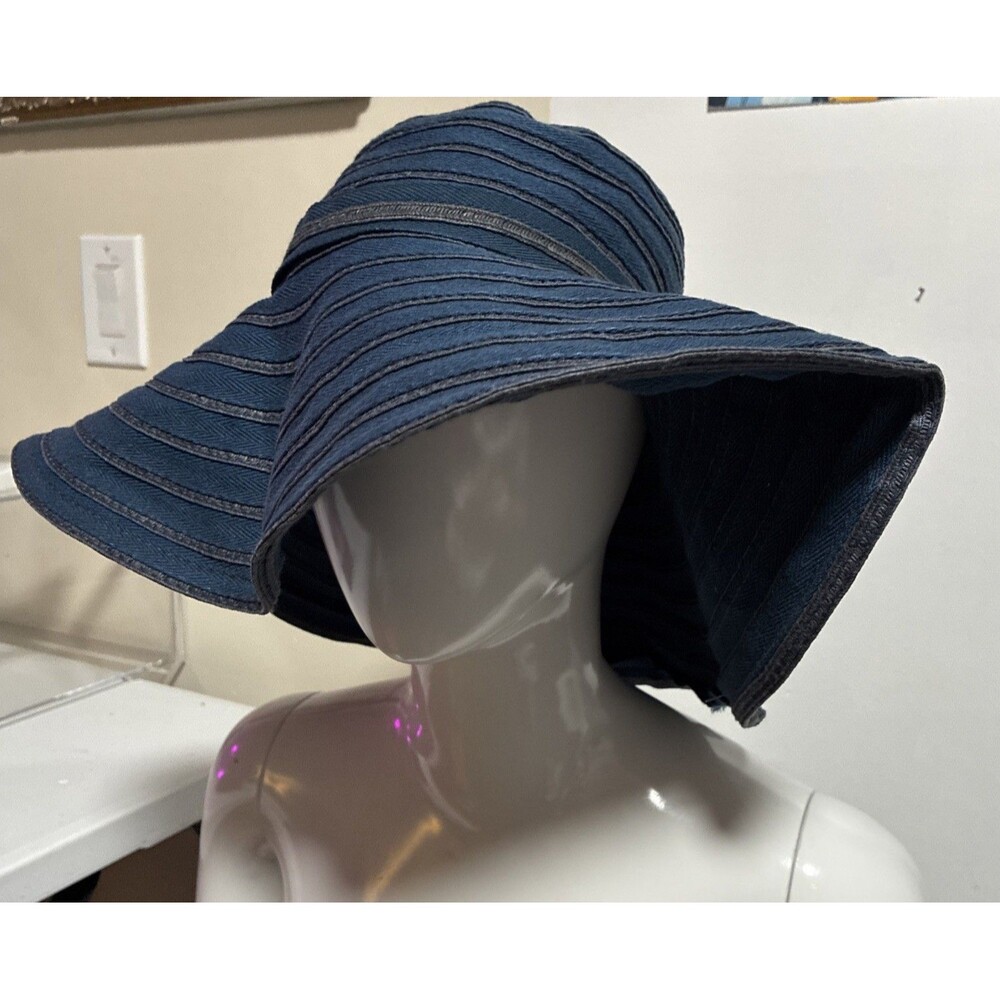 D&Y Sun Hat Wide Brim Floppy Soft Navy Blue Cotton Ribbon Bow Beach Travel - Picture 2 of 13